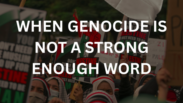 Palestinian rights protestors overlaid with the text "When Genocide Is Not a Strong Enough Word".
